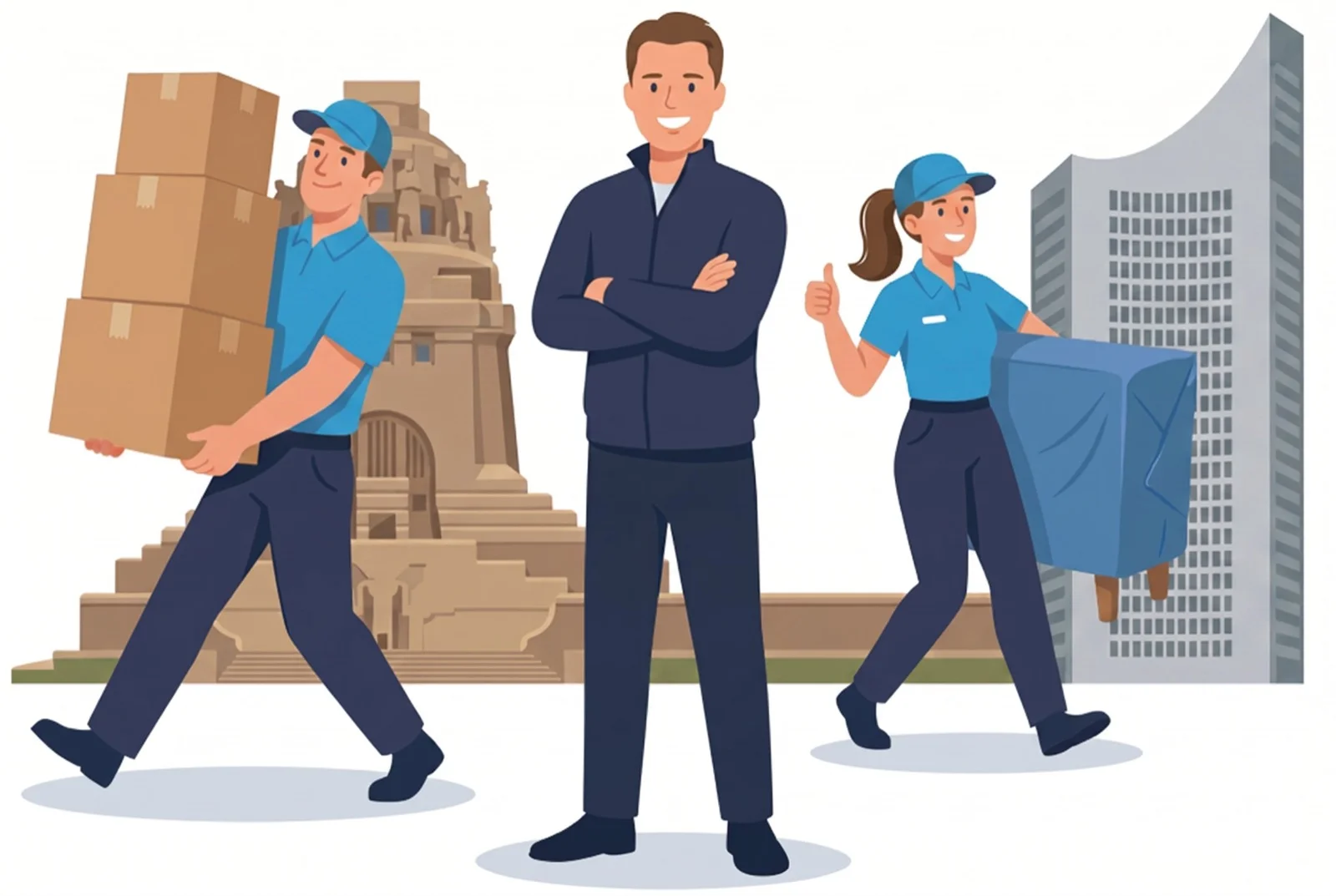 Illustration von drei Personen bei einer Entrümpelung vor Leipziger Wahrzeichen