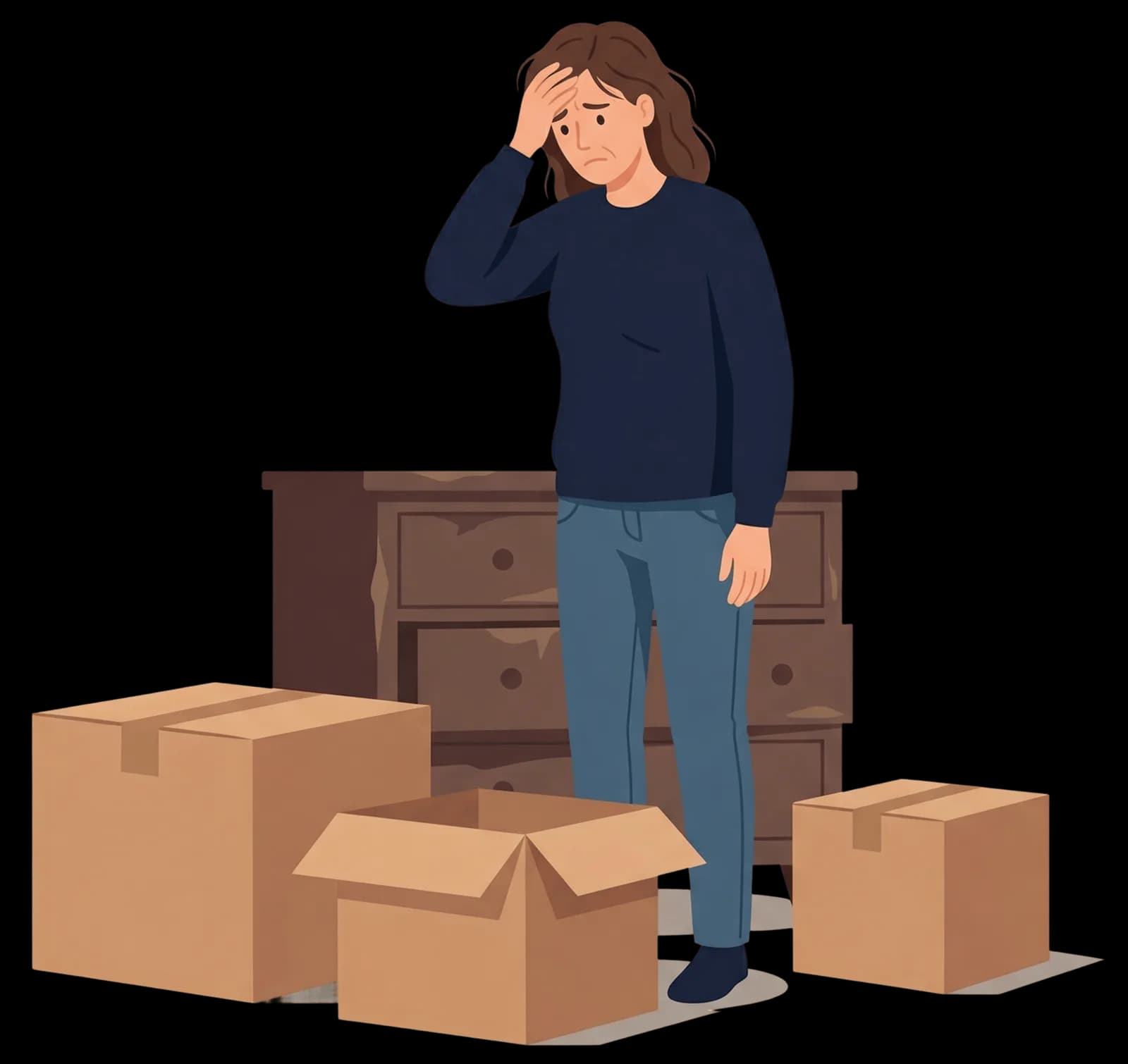 Illustration: Eine Person steht überfordert vor Kartons und Möbeln